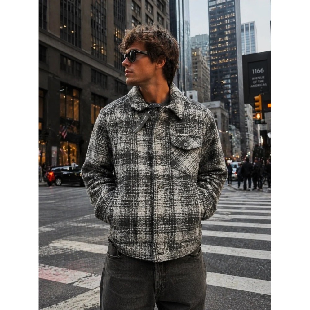 EDGAR + ASH $75 New Mens S Black Gray Plaid Button Front Lined Bomber Jacket